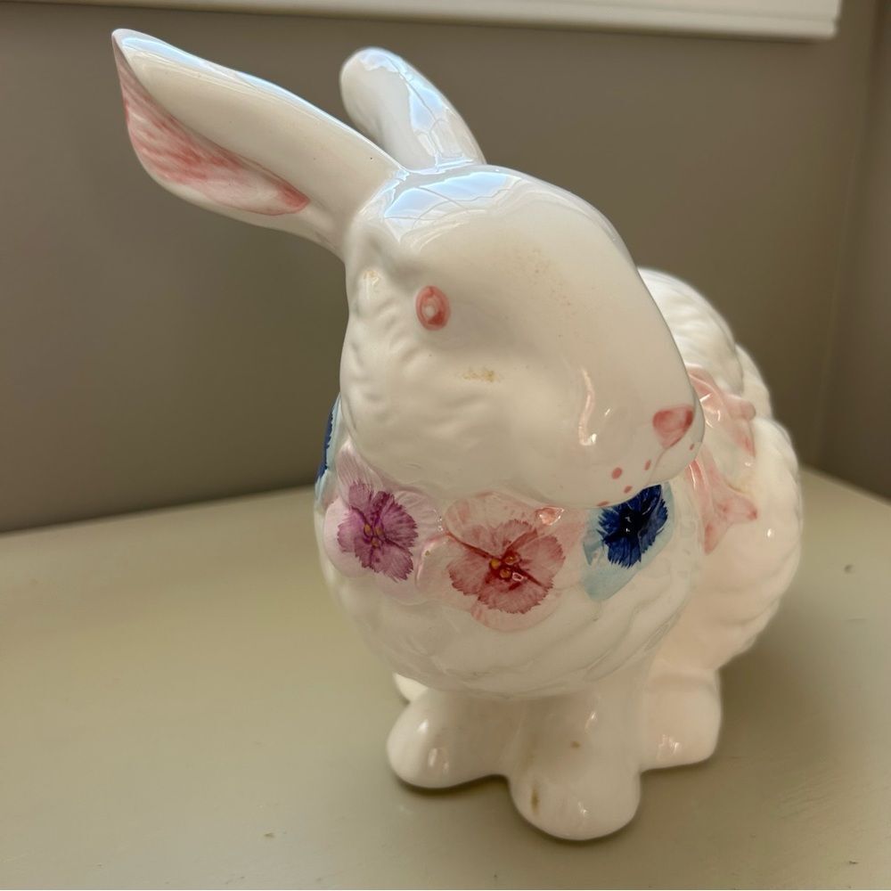 White Ceramic Bunny Rabbit with Floral Details Collectible Figurine Easter